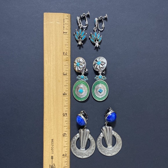 Southwest Native American Style Earrings Lot Faux Turquoise Lapis Silver Tone - Picture 12 of 12